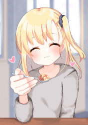 Rule 34 | 1girl, ^ ^, black scrunchie, blonde hair, blurry, blurry background, blurry foreground, blush, closed eyes, closed mouth, depth of field, facing viewer, food, grey shirt, hair between eyes, hair ornament, hair scrunchie, heart, highres, holding, holding spoon, incoming food, long hair, long sleeves, one side up, original, scrunchie, shirt, smile, solo, spoon, suzu (minagi), upper body