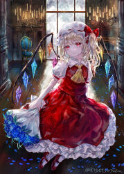 Rule 34 | 1girl, absurdres, backlighting, blonde hair, candle, commentary request, crystal, flandre scarlet, full body, highres, indoors, looking at viewer, medium hair, red skirt, red vest, reflective floor, sitting, skirt, skirt set, solo, suzushina, touhou, vest, window, wings, yokozuwari