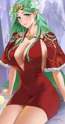 Rule 34 | 1girl, 2021, alternate costume, angel statue, artist name, breasts, capelet, center opening, cleavage, collarbone, commentary, covered navel, dated, dress, earrings, english commentary, female focus, fire emblem, fire emblem: three houses, flower, fur-trimmed capelet, fur trim, green hair, hair flower, hair ornament, heart, highres, jewelry, large breasts, long hair, looking at viewer, matching hair/eyes, nintendo, no bra, parted lips, pointy ears, red capelet, red dress, rhea (fire emblem), sendo (sendrawz), signature, sitting, sleeveless, sleeveless dress, smile, solo, statue, very long hair