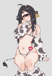 Rule 34 | 1girl, ahoge, animal ears, animal print, bell, bikini, black hair, blush, collar, cow ears, cow horns, cow print, cow tail, cowbell, cyclops, detached sleeves, ear tag, flat chest, grey background, hand up, heart, highleg, highleg bikini, highres, horns, invisible chair, knee blush, leg warmers, long hair, long sleeves, looking at viewer, metal collar, muku-chan (muroku), muroku (aimichiyo0526), name tag, navel, neck bell, one-eyed, original, parted lips, red eyes, simple background, sitting, solo, swimsuit, tail, thick eyebrows, white bikini