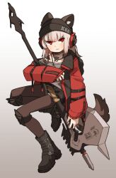 Rule 34 | 1girl, amonitto, animal ears, arknights, beanie, black footwear, black hat, black shorts, boots, brown pantyhose, closed mouth, coat, ears through headwear, frostleaf (arknights), full body, gradient background, grey hair, grey shirt, halberd, hat, headphones, holding, holding polearm, holding weapon, knee pads, light frown, long hair, long sleeves, looking at viewer, material growth, off shoulder, open clothes, open coat, oripathy lesion (arknights), pantyhose, polearm, red coat, shirt, shorts, solo, tail, weapon