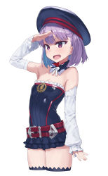 Rule 34 | 1girl, :d, arm at side, bare shoulders, belt, belt buckle, beret, black collar, black dress, black hat, black thighhighs, blush, bow, breasts, buckle, cleavage, collar, cowboy shot, cropped legs, detached collar, detached sleeves, dress, fate/grand order, fate (series), fingernails, hat, helena blavatsky (fate), highres, kokosando, long sleeves, looking away, open mouth, purple eyes, purple hair, red belt, salute, sefirot, short dress, short hair, simple background, sleeves past wrists, small breasts, smile, solo, strapless, strapless dress, thighhighs, white background, white bow