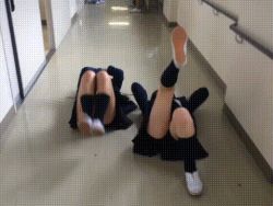Rule 34 | animated, animated gif, asian, jumping up, legs, lowres, multiple girls, on back, photo (medium), school uniform, shoes, sneakers