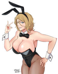 Rule 34 | 1girl, ;), absurdres, alternate costume, animal ears, black bow, black bowtie, black leotard, bleach, bleach: sennen kessen-hen, blonde hair, blue eyes, bow, bowtie, breasts, brown pantyhose, bunny day, cleavage, covered navel, detached collar, fake animal ears, fox shadow puppet, groin, hair between eyes, hand on own hip, hand up, highleg, highleg leotard, highres, huge breasts, leotard, looking at viewer, matsumoto rangiku, one eye closed, pantyhose, parted lips, playboy bunny, rabbit ears, rakusakugk, signature, smile, solo, white background, white wrist cuffs, wrist cuffs