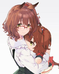 Rule 34 | 1girl, animal ears, aston machan (umamusume), brown hair, character doll, chokin-bako no futa, closed mouth, commentary request, doll, ear ornament, frilled shirt, frills, glasses, green eyes, green skirt, hair between eyes, hair ornament, holding, holding doll, horse ears, horse girl, hugging doll, hugging object, light blush, long sleeves, looking at viewer, looking back, official alternate costume, red-framed eyewear, semi-rimless eyewear, shirt, short hair, side ponytail, simple background, skirt, smile, solo, umamusume, upper body, white background