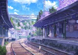 Rule 34 | 1girl, absurdres, artist request, blue sky, building, commentary, day, dress, english commentary, falling petals, highres, original, overhead line, petals, power lines, railing, railroad tracks, scenery, sky, train station, train station platform, vanishing point, wind