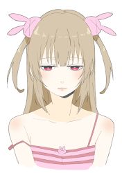 Rule 34 | 1girl, absurdres, bad id, bad twitter id, bare shoulders, blush, breasts, brown hair, cleavage, closed mouth, collarbone, donguri suzume, dress, flat chest, hair ornament, highres, light brown hair, long hair, natori sana, rabbit hair ornament, red eyes, sana channel, solo, striped clothes, striped dress, two side up, upper body, virtual youtuber