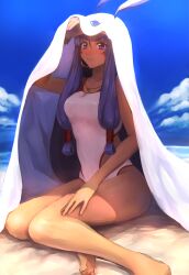 Rule 34 | 1girl, absurdres, barefoot, beach, blue sky, breasts, cloud, commentary, dark-skinned female, dark skin, day, fate/grand order, fate (series), foot out of frame, highres, kneeling, large breasts, light frown, long hair, looking at viewer, nitocris (fate), nitocris (fate/grand order), nitocris (swimsuit assassin) (fate), nitocris (swimsuit assassin) (second ascension) (fate), one-piece swimsuit, outdoors, purple eyes, purple hair, sand, sitting, sixiland, sky, solo, swimsuit, water, yokozuwari