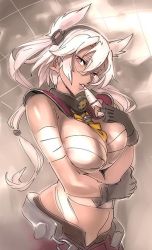 Rule 34 | 10s, 1girl, ammunition, blonde hair, blush, breasts, budget sarashi, dark skin, dark-skinned female, fingerless gloves, glasses, gloves, headgear, kantai collection, large breasts, long hair, looking at viewer, musashi (kancolle), nishieda, open mouth, personification, pointy hair, red eyes, sarashi, skirt, solo, twintails, two side up
