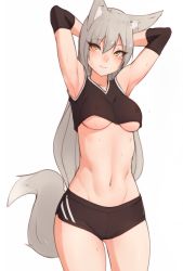 Rule 34 | 1girl, abs, animal ear fluff, animal ears, armpits, arms behind head, arms up, bluefield, breasts, brown eyes, cameltoe, covered erect nipples, cowboy shot, crop top, dolphin shorts, elbow pads, fox ears, fox girl, fox tail, grey hair, gym shorts, hair between eyes, highres, light smile, long hair, looking to the side, medium breasts, micro shorts, no bra, original, shorts, simple background, smile, solo, sportswear, sweat, tail, thighs, toned, tsurime, underboob, v-neck, very long hair, white background