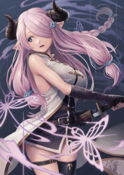 Rule 34 | 10s, 1girl, bare shoulders, belt, black gloves, black thighhighs, blue eyes, braid, breasts, bright pupils, bug, butterfly, draph, elbow gloves, fingerless gloves, gloves, granblue fantasy, hair ornament, hair over one eye, highres, horns, insect, katana, large breasts, light purple hair, long hair, low-tied long hair, narmaya (granblue fantasy), open mouth, pink pupils, pointy ears, sheath, side braid, single braid, single thighhigh, sleeveless, solo, sword, t@kuyoa, thigh strap, thighhighs, unsheathing, weapon