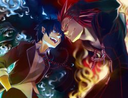 Rule 34 | 2boys, ao no exorcist, axel, bad id, bad pixiv id, blue eyes, blue hair, crossover, disney, gloves, gradient background, green eyes, grin, hands in pockets, kingdom hearts, male focus, multiple boys, necktie, okumura rin, pointy ears, red hair, smile, square enix, striped necktie, striped neckwear, uyama hajime