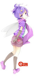 Rule 34 | 1girl, :q, antennae, bad id, bad pixiv id, blush, brown gloves, brown shorts, brown socks, bug, butterfly hair ornament, elbow gloves, floral print, flower, from behind, full body, gloves, green shirt, hair ornament, insect, insect wings, kneehighs, ladybug, looking at viewer, looking back, pink footwear, purple eyes, purple hair, purple scarf, purple shirt, scarf, shirt, shoes, short sleeves, shorts, simple background, sneakers, socks, solo, striped clothes, striped shirt, tongue, tongue out, tsukiyo (skymint), tulip, watermark, web address, white background, wings