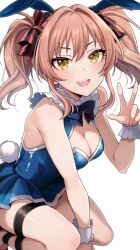 Rule 34 | 1girl, absurdres, animal ears, bare shoulders, blue dress, blush, breasts, cleavage, commentary request, dress, fake animal ears, fake tail, fang, hair intakes, hand up, highres, idolmaster, idolmaster cinderella girls, jougasaki mika, leotard, looking at viewer, medium breasts, open mouth, pink hair, popon ta, rabbit ears, simple background, smile, solo, squatting, tail, teeth, twintails, upper teeth only, w, white background, wrist wrap, yellow eyes