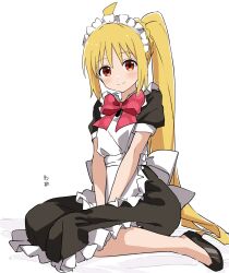 1girl blonde_hair bocchi_the_rock! highres ijichi_nijika long_hair looking_at_viewer maid maid_headdress ponytail rauto sitting smile solo very_long_hair wariza