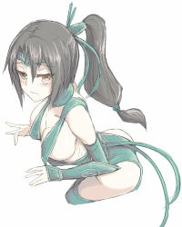 Rule 34 | 1girl, akali, akali (legacy), ass, bad id, bad pixiv id, bare shoulders, black hair, breasts, cleavage, cropped legs, green thighhighs, league of legends, long hair, oekaki, ponytail, simple background, solo, thighhighs, waero, white background, yellow eyes