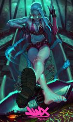 Rule 34 | 1girl, absurdres, bare shoulders, barefoot, blue hair, boots, braid, feet, fingerless gloves, flat chest, gloves, hairline, happykwak, highres, jewelry, jinx (league of legends), jun sung kwak, league of legends, long hair, md5 mismatch, nail polish, necklace, purple eyes, resized, resolution mismatch, shoes, single shoe, smile, source smaller, tattoo, toenail polish, toenails, toes, twin braids, upscaled, very long hair