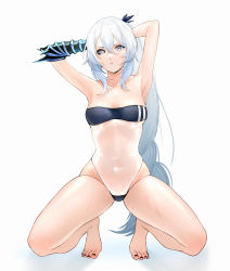 Rule 34 | 1girl, absurdres, armpits, arms behind head, bare legs, bare shoulders, barefoot, black nails, black one-piece swimsuit, blue eyes, blue hair, breasts, cl (summer sama), closed mouth, collarbone, commission, eris (atelier951), feet, full body, gris swimsuit, highres, legs, light blue hair, long hair, looking at viewer, meme attire, nail polish, one-piece swimsuit, original, parted lips, pixiv commission, ponytail, simple background, small breasts, solo, strapless, strapless one-piece swimsuit, swimsuit, thighs, toenail polish, toenails, toes, very long hair, white background