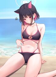 Rule 34 | 1girl, absurdres, animal ears, aoi riko, beach, belly grab, bikini, black bikini, black choker, black hair, blue archive, blush, breasts, choker, cleavage, closed mouth, commentary request, day, halo, highres, kazusa (blue archive), medium breasts, nail polish, navel, ocean, outdoors, pinching, pink hair, pink nails, red eyes, short hair, sitting, solo, squiggle, swimsuit, weight conscious, wet, wet hair