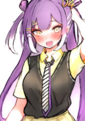 Rule 34 | 1girl, :d, absurdres, black vest, blush, collared shirt, commentary, double bun, dress shirt, end4end7, gradient hair, hair bun, hair ornament, hairclip, highres, long hair, looking at viewer, multicolored hair, necktie, nijisanji, open mouth, purple hair, shirt, short sleeves, simple background, skirt, smile, solo, streaked hair, two side up, umise yotsuha, very long hair, vest, virtual youtuber, white background, white hair, yellow eyes, yellow shirt, yellow skirt