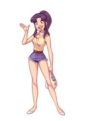 Rule 34 | 1girl, artist request, bag, breasts, brown eyes, denim, denim shorts, high ponytail, holding, holding bag, katsuragi misato, long hair, looking at viewer, medium breasts, neon genesis evangelion, no bra, open mouth, ponytail, purple hair, salute, shiny skin, shirt, short shorts, shorts, smile, solo, thick thighs, thighs, white background, wide hips, yellow shirt