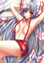 Rule 34 | &gt;:o, 1girl, :o, adapted costume, armpits, arms behind head, arms up, bad id, bad pixiv id, beach, bow, breasts, censored, collarbone, convenient censoring, female focus, fujiwara no mokou, hair bow, large breasts, long hair, looking at viewer, lying, mikan (5555), naked suspenders, navel, on back, open mouth, outdoors, ponytail, red eyes, revealing clothes, silver hair, solo, straight hair, suspenders, thighs, topfreedom, topless, touhou, v-shaped eyebrows, very long hair