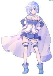 Rule 34 | 1girl, ankle boots, bare shoulders, belt, blue eyes, blue footwear, blue hair, blue skirt, boots, breasts, cape, clenched hands, closed mouth, detached sleeves, dot nose, fortissimo, frills, full body, gloves, hair between eyes, hair ornament, hairclip, hands on own hips, happy, legs apart, mahou shoujo madoka magica, mahou shoujo madoka magica (anime), medium breasts, miki sayaka, musical note, musical note hair ornament, paru rari, pleated skirt, shiny clothes, short hair, simple background, skirt, smile, solo, soul gem, standing, strapless, thighhighs, twitter username, white background, white cape, white gloves, white thighhighs, zettai ryouiki