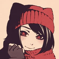 Rule 34 | 1girl, animal ear headwear, animal ears, black hair, blush, brown background, brown gloves, close-up, closed mouth, commentary, fake animal ears, fingerless gloves, gloves, hat, knit hat, looking at viewer, moshimoshibe, original, portrait, red eyes, red hat, red scarf, scarf, short hair, smile, solo, swept bangs, texture