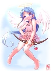 Rule 34 | 10s, 1girl, angel, angel wings, arrow (projectile), bare shoulders, barefoot, blue eyes, blue hair, blush, bow (weapon), commentary request, convenient censoring, dated, dress, feathered wings, feathers, gradient hair, halo, highres, kanon (kurogane knights), kantai collection, long hair, matching hair/eyes, multicolored hair, no panties, open mouth, samidare (kancolle), solo, swept bangs, very long hair, weapon, white wings, wings