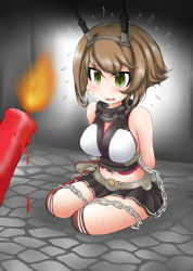 Rule 34 | 1girl, arms behind back, bare shoulders, black skirt, blush, breasts, brown hair, candle, chain, chained, chibi, collar, food, green eyes, headgear, indoors, kantai collection, kneehighs, kneeling, large breasts, metal belt, miniskirt, mutsu (kancolle), navel, noodles, ouno (nounai disintegration), pleated skirt, red socks, short hair, sitting, skirt, socks, solo, stone floor, striped clothes, striped socks, sweat, udon, worried