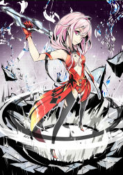 Rule 34 | 10s, 1girl, alternate costume, bare shoulders, black thighhighs, breasts, center opening, cleavage, firecel, gloves, guilty crown, hair ornament, hairclip, long hair, looking at viewer, navel, pink hair, red eyes, small breasts, solo, thighhighs, twintails, void (guilty crown), yuzuriha inori