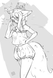Rule 34 | 1girl, alternate costume, animal ears, artist name, bare shoulders, blush, breasts, closed eyes, collarbone, fangs, female focus, furry, furry female, grey background, greyscale, hair ornament, hakurou (onmyoji), hand on own hip, hand to own mouth, hand up, lin mzhh, long hair, messy hair, midriff peek, monochrome, motion lines, navel, onmyoji, open mouth, pajamas, shirt, shorts, signature, simple background, sketch, skin fangs, sleepy, sleeveless, sleeveless shirt, small breasts, solo, standing, tail, tears, two-tone background, walking, yawning
