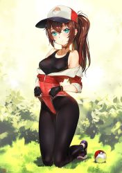Rule 34 | 10s, 1girl, bare shoulders, baseball cap, black gloves, blue eyes, blush, bodysuit, breasts, brown hair, choker, covered erect nipples, covered navel, creatures (company), day, female protagonist (pokemon go), fingerless gloves, game freak, gloves, grass, hat, highres, kneeling, leggings, light smile, long hair, looking at viewer, medium breasts, nintendo, off shoulder, outdoors, poke ball, pokemon, pokemon go, ponytail, pulling, shoes, skin tight, small breasts, sneakers, solo, yd (orange maru)