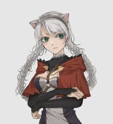 Rule 34 | 1girl, ahoge, animal ears, black bridal gauntlets, blue eyes, braid, breasts, bridal gauntlets, capelet, cat ears, cat girl, closed mouth, crossed arms, fire emblem, fire emblem fates, hairband, harness, highres, hood, hood down, hooded capelet, long hair, looking to the side, low twin braids, medium breasts, nina (fire emblem), nintendo, o-ring, o-ring harness, parted bangs, red capelet, solo, turtleneck, twin braids, white hair, yurari forever