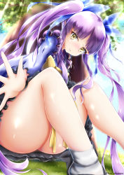 Rule 34 | 1girl, absurdres, artist name, blush, bottomless, bow, closed mouth, day, hair ribbon, highres, knees up, kyoka (princess connect!), long hair, long sleeves, looking at viewer, outdoors, pointy ears, princess connect!, purple hair, ribbon, sitting, skirt, solo, sunlight, takemura kou, thighs, tree, twintails, very long hair, wavy mouth, wide sleeves, yellow eyes