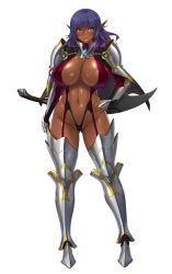 Rule 34 | 1girl, aoi nagisa (metalder), armor, armored boots, bikini armor, blue hair, blush, boots, breasts, capelet, dark-skinned female, dark elf, dark skin, delva celebrian, elf, female focus, full body, gradient hair, highres, huge breasts, long hair, multicolored hair, navel, official art, open mouth, pointy ears, purple hair, serious, shiny skin, simple background, solo, sword, thigh boots, thighhighs, weapon, white background, yellow eyes, youkoso! sukebe elf no mori e