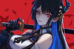 Rule 34 | 1girl, black gloves, black hair, clothing cutout, colored inner hair, commentary, english commentary, eyelashes, gloves, hair ornament, holding, holding sword, holding weapon, hololive, hololive english, horns, katana, long hair, looking at viewer, mole, mole under eye, multicolored hair, nerissa ravencroft, nerissa ravencroft (1st costume), otogikeny, over shoulder, red background, red eyes, shoulder cutout, solo, sword, sword over shoulder, upper body, virtual youtuber, weapon, weapon over shoulder