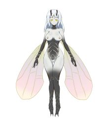 Rule 34 | 1girl, abs, absurdres, arthropod girl, carapace, colored skin, corruption, covered erect nipples, cyborg, dark persona, evil smile, grey skin, highres, insect wings, monster girl, original, smile, white hair, wings, woodcity