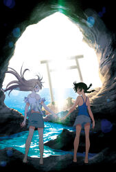 Rule 34 | 2girls, bare shoulders, blue one-piece swimsuit, blue shorts, blush, braid, cave, chigawa kon, competition school swimsuit, dress, from behind, full body, furuka hitoto, hattori mitsuru, highres, kaijuu iro no shima, lens flare, long hair, looking at viewer, looking back, multiple girls, ocean, one-piece swimsuit, outdoors, parted lips, profile, reaching towards another, school swimsuit, short hair, shorts, standing, sun, swimsuit, swimsuit under clothes, torii, twin braids, white dress
