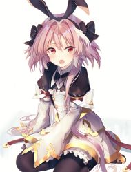Rule 34 | 1boy, astolfo (fate), astolfo (saber) (fate), astolfo (saber) (third ascension) (fate), bad id, bad pixiv id, black bow, blush, bow, braid, commentary request, dress, fang, fate/grand order, fate (series), hair between eyes, hair bow, hair intakes, hair ribbon, happiness lilys, long hair, looking at viewer, male focus, multicolored hair, open mouth, pink hair, red eyes, ribbon, simple background, single braid, sitting, solo, streaked hair, thighhighs, trap, white background