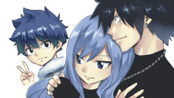 Rule 34 | 1girl, 2boys, black hair, black shirt, blue eyes, blue hair, chain necklace, closed mouth, cropped torso, earrings, fairy tail, family, father and son, gray fullbuster, greige (fairy tail), hand on another&#039;s shoulder, highres, hug, jewelry, juvia lockser, mashima hiro, mother and son, multiple boys, necklace, official art, shirt, simple background, single earring, v, white background