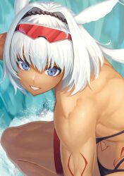 Rule 34 | 1girl, animal ears, bare shoulders, bikini, blue eyes, caenis (fate), commentary request, dark skin, eyewear on head, fate/grand order, fate (series), grin, highres, looking at viewer, ranma (kamenrideroz), smile, solo, sunglasses, swimsuit, thighs, water, white hair