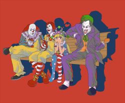 Rule 34 | 1girl, 3boys, american flag dress, american flag legwear, batman (series), bench, black footwear, blonde hair, burger, clown, clownpiece, commentary request, crossover, dc comics, dress, drinking, eating, food, formal, french fries, green hair, hat, highres, it (stephen king), jester cap, makeup, mcdonald&#039;s, megame (okbnkn), multiple boys, neck ruff, pants, pantyhose, pennywise, polka dot, red background, red footwear, red hair, ronald mcdonald, shoes, short dress, simple background, sitting, star (symbol), star print, striped clothes, striped pantyhose, striped thighhighs, suit, the joker, thighhighs, touhou, trait connection