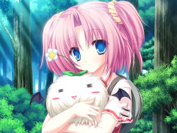Rule 34 | 1girl, 77: and the two stars meet again, = =, animal, animal hug, bat wings, blue eyes, blush stickers, day, flower, flower on head, forest, highres, holding, kazamai sakura, light rays, looking at viewer, mikagami mamizu, nature, outdoors, pink hair, scrunchie, short hair, smile, solo, sunbeam, sunlight, tareme, tree, twintails, upper body, wings