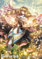 Rule 34 | 1girl, artist name, blonde hair, blue eyes, braid, cloud, copyright name, covered navel, day, flower, force of will, grass, leaf, long hair, magic circle, official art, sky, solo, sparkle, tajima yukie, twin braids, veil