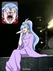 Rule 34 | 1boy, 1girl, anger vein, bereal, blue hair, blush, breasts, brother and sister, chrono trigger, cloak, derivative work, dress, earrings, fan screaming at madison beer (meme), gold earrings, green eyes, hair tie, highres, holding, holding microphone, jewelry, long dress, long hair, long sleeves, magus (chrono trigger), medium breasts, meme, microphone, music, open mouth, parted bangs, pointy ears, purple dress, red cloak, schala zeal, shikiwo, siblings, singing, sitting, wide ponytail, wide sleeves, widow&#039;s peak