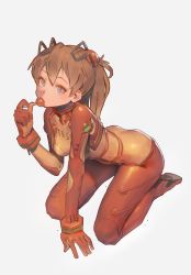 Rule 34 | 1girl, arm support, blue eyes, blush, bodysuit, bracer, breasts, brown hair, candy, clothes writing, english text, evangelion: 2.0 you can (not) advance, food, food in mouth, from side, full body, gloves, grey background, hair ornament, hairpods, hand up, headgear, highres, holding, holding food, interface headset, kneeling, leaning forward, lollipop, long hair, looking at viewer, multicolored clothes, neon genesis evangelion, orange hair, pilot suit, plugsuit, rebuild of evangelion, see-through, sexually suggestive, simple background, small breasts, solo, souryuu asuka langley, test plugsuit, timbougami, turtleneck, two side up, white background