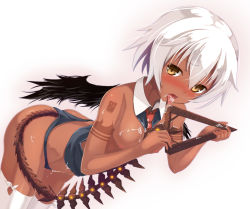 Rule 34 | 10s, 1girl, black panties, black rock shooter, blush, breasts, cum, cum in mouth, cum on body, cum on breasts, cum on clothes, cum on tongue, cum on upper body, licking, momo no kanzume, necktie, nipples, open mouth, panties, short hair, small breasts, solo, strength (black rock shooter), tail, tattoo, thighhighs, tongue, tongue out, triangle, underwear, underwear only, white hair, white thighhighs, wings, yellow eyes