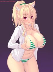 Rule 34 | 1girl, :d, animal ear fluff, animal ears, bikini, blonde hair, blush, breasts, cat ears, cat girl, cleavage, collarbone, commentary, english commentary, highres, large breasts, long hair, long sleeves, looking at viewer, navel, nottytiffy, open clothes, open mouth, open shirt, original, ponytail, red eyes, shirt, sideboob, simple background, smile, solo, striped bikini, striped clothes, swimsuit, thighs, tiffy (nottytiffy), underboob, white shirt