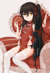 Rule 34 | absurdres, black hair, china dress, chinese clothes, dress, girls&#039; frontline, gun, hand fan, highres, official alternate costume, qbz-97, qianqiu wanxia, solo, thighhighs, thong, type 97 (peony) (girls&#039; frontline), weapon, white thighhighs, yellow eyes